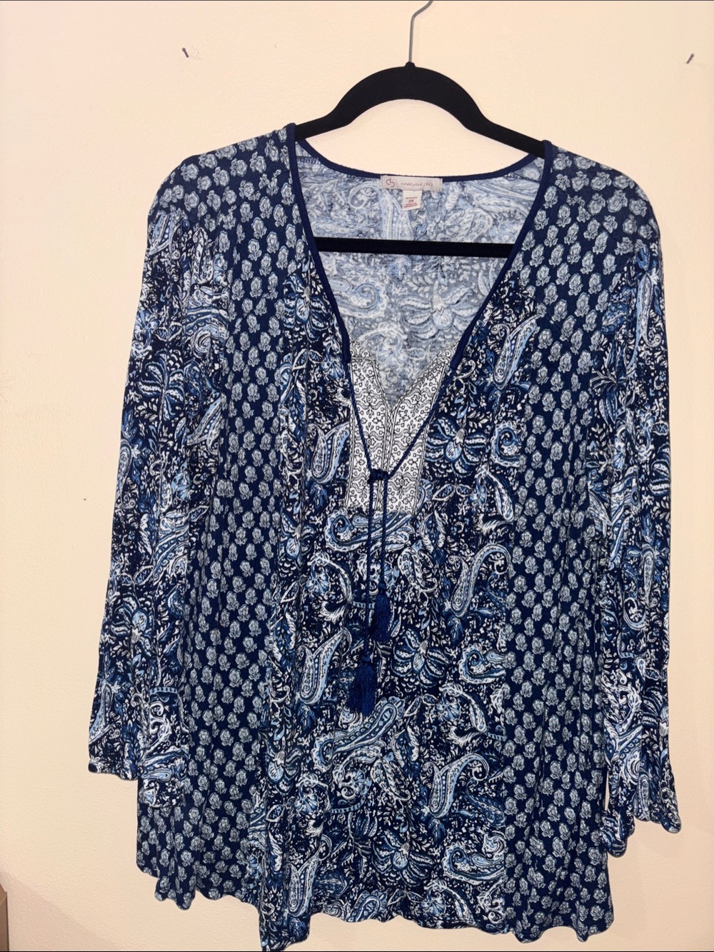 Coldwater Creek Navy & White Paisley V-Neck Tie Tunic